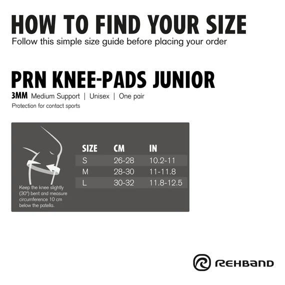 Rehband_PRN Knee_Pad Jr Pair Black gyerek térdvédő mérettábla