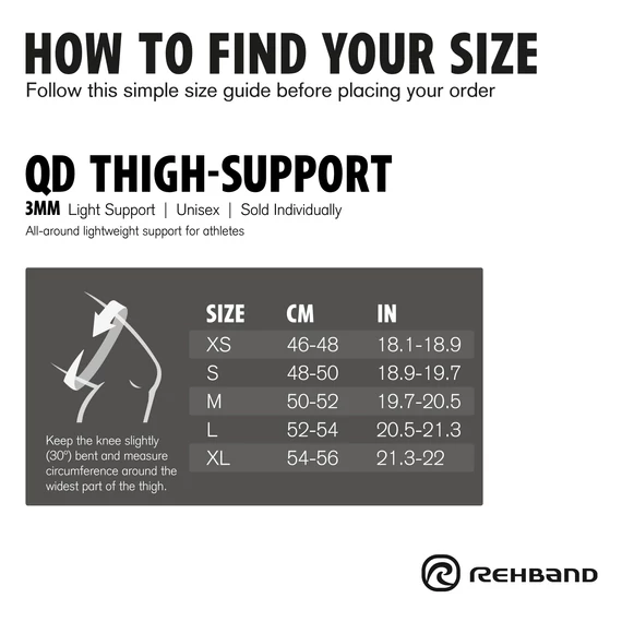 Rehband QD Thigh Support 5mm Black Combvédő mérettábla