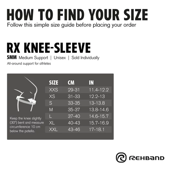 Rehband_RX Knee Sleeve 5mm Black_ térdvédő mérettábla